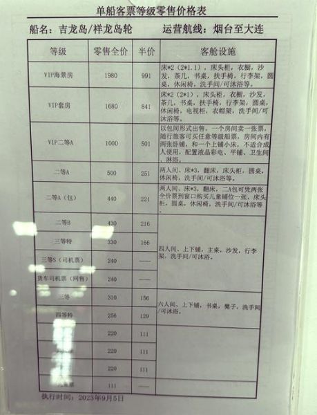 大连到烟台的船票价格，大连至烟台船票一览表